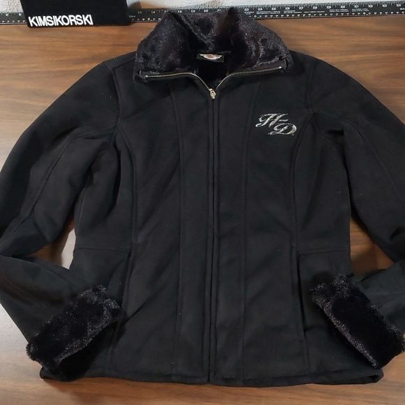 Harley-Davidson‎ Faux Fur & Suede Black Jacket Tribal Design Small - Picture 6 of 14